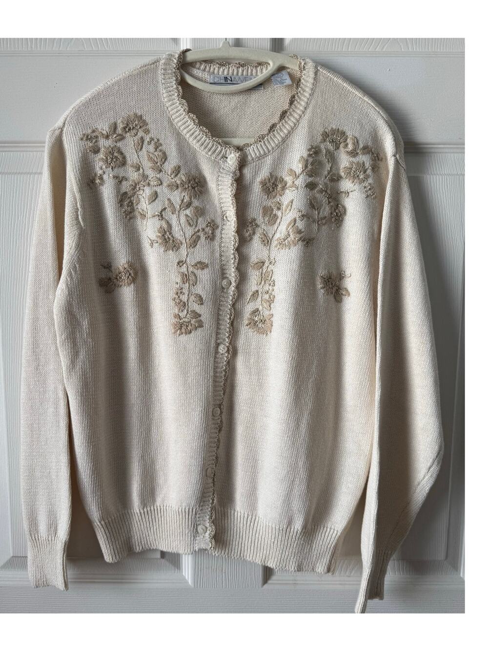 Vintage 90s Y2K‎ Ivory Gold Floral Embroidery Cardigan Size L Cottagecore